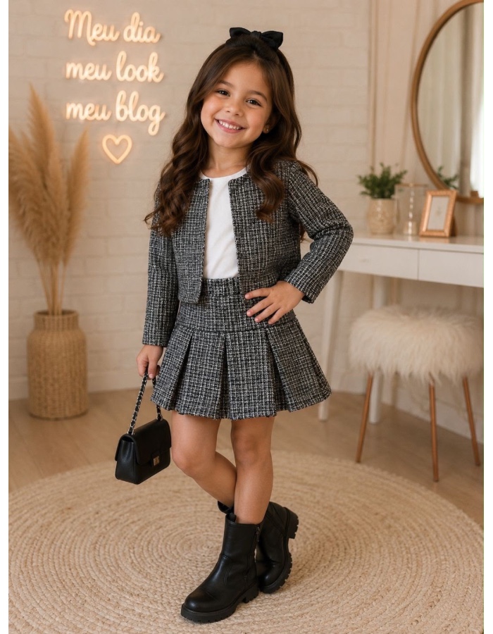 Conjunto 3 peças em twedd com saia 