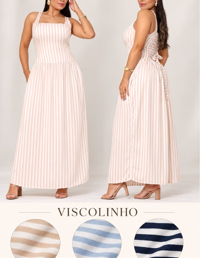 VESTIDO VISCOLINHO LISTRADO MIDI