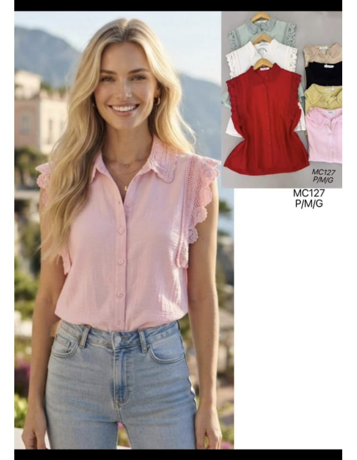 BLUSA DE LINHO C/ GOLA E DETALHE EM GRIPI