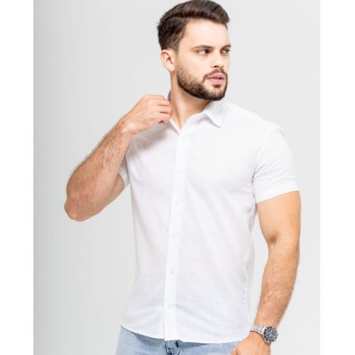 Camisa manga curta linho gola tradicional