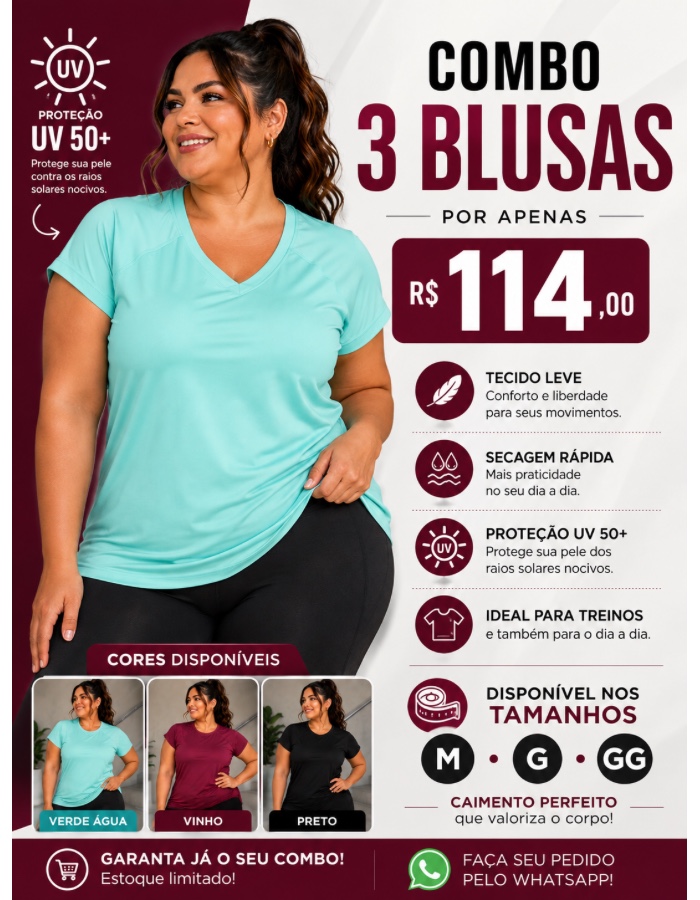  Combo Blusa Gola V PROTEÇÃO UV (Solicitar cores)   