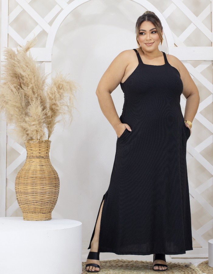 VESTIDO LONGO COM BOLSOS E FENDA LATERAL