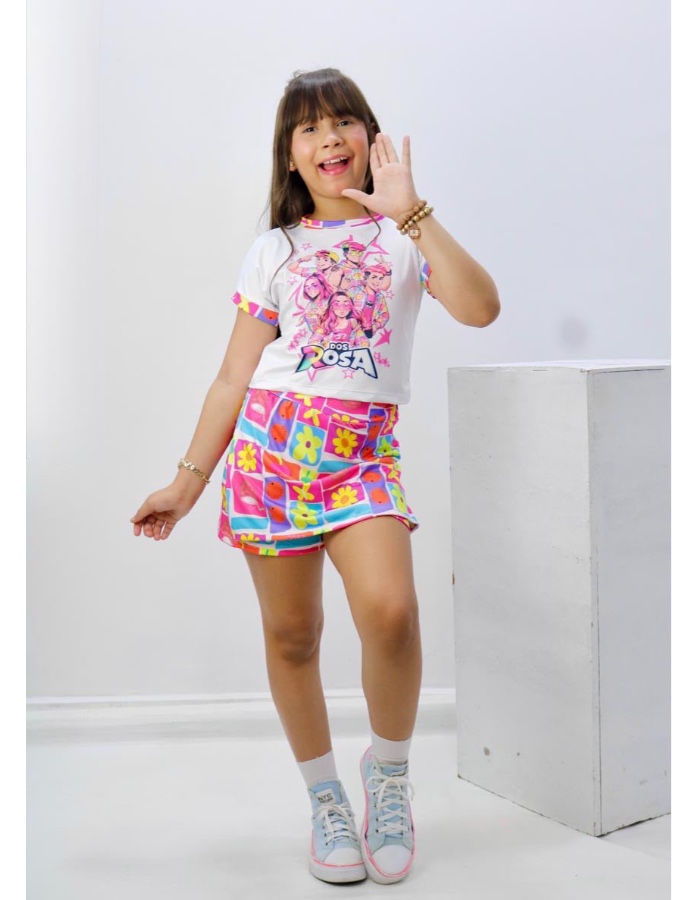 Conjunto short saia flores rosa detalhe 