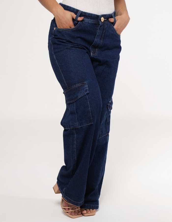 CALÇA WIDE LEG CARGO FEMININA AZUL TRADICIONAL