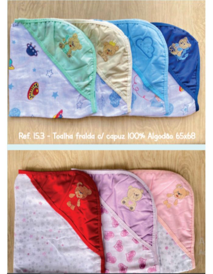 TOALHA FRALDA C/ CAPUZ 100% ALGODÃO 65X68CM MASCULINO E FEMININO 15.3 PEDRINHO BABY