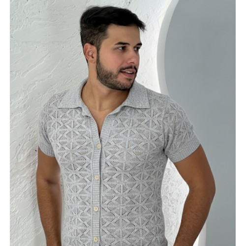 CAMISA DE BOTÃO PUNHO GOLA TRICO GEOMÉTRICA 