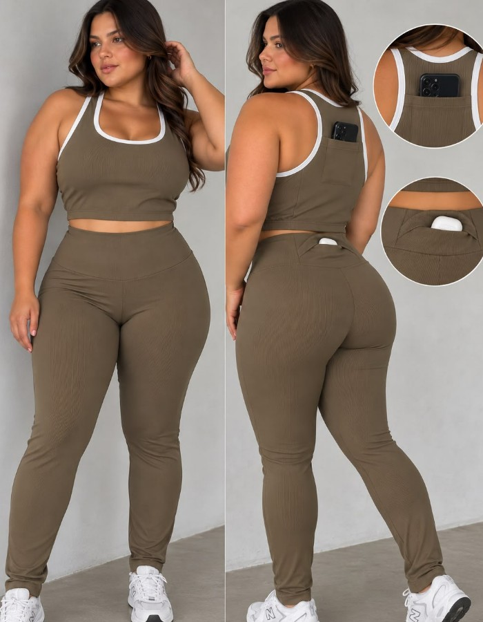 CONJUNTO CALÇA BOLSO NO CÓS E CROPPED KELLY COM BOLSO PLUS EM CANELADO