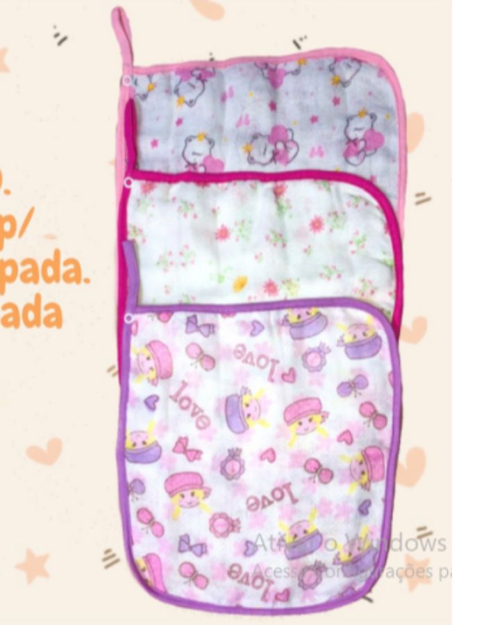 KIT C/ 03 PEÇAS TOALHA P/ CHUPETA FRALDA ESTAMPADA MASC E FEM 6150 FRUTO DA MALHA