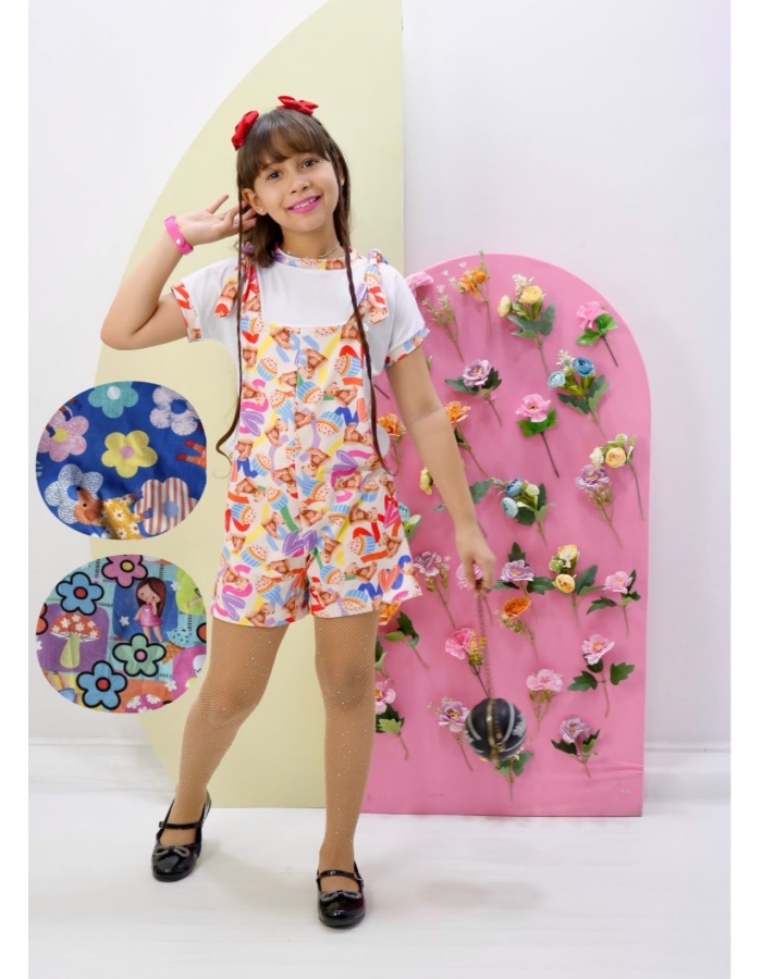 Salopete em 3 estampas acompanhada por blusa 
