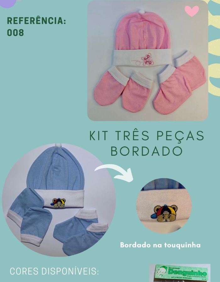 KIT 03 PEÇAS BORDADO TOUCA, LUVA E SAPATO DENGUINHO