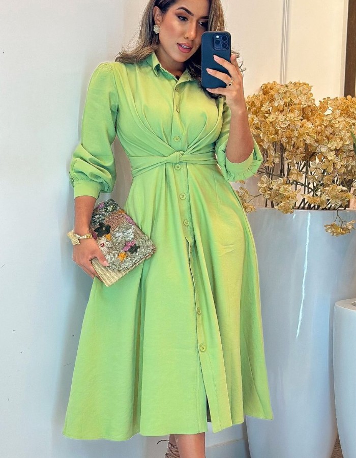 VESTIDO TECIDO PREMIUM LONGO DE BOTÃO MANGA COMPRIDA