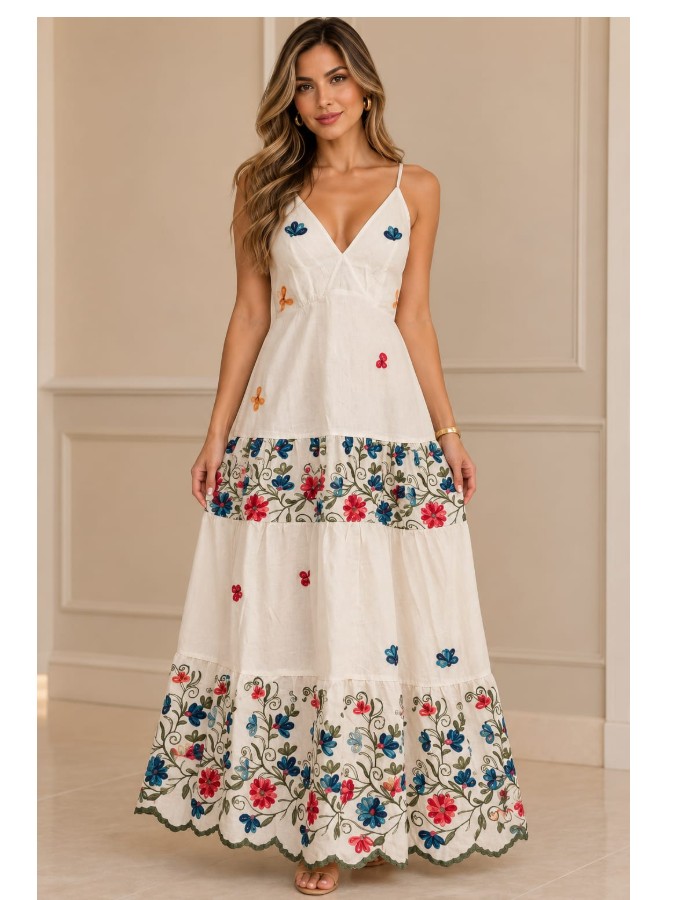 VESTIDO EM LINHO COM FLORES ALÇA