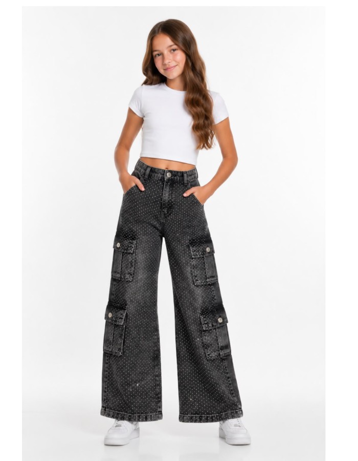 CALÇA WIDE LEG 4 BOLSOS COM BRILHO
