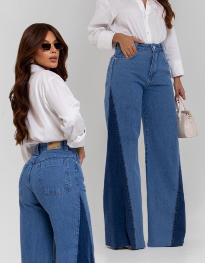 CALÇA WIDE LEG BICOLOR LATERAL