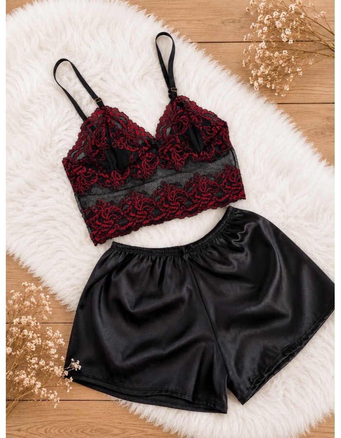 Baby doll de cetim com renda 