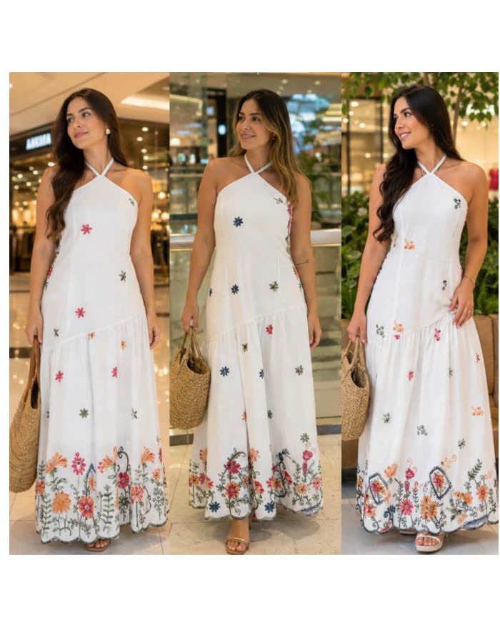 VESTIDO LONGO EM LINHO COM FLORES