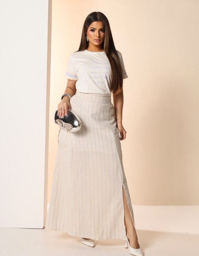 CONJUNTO TEE E SAIA LONGA LISTRAS