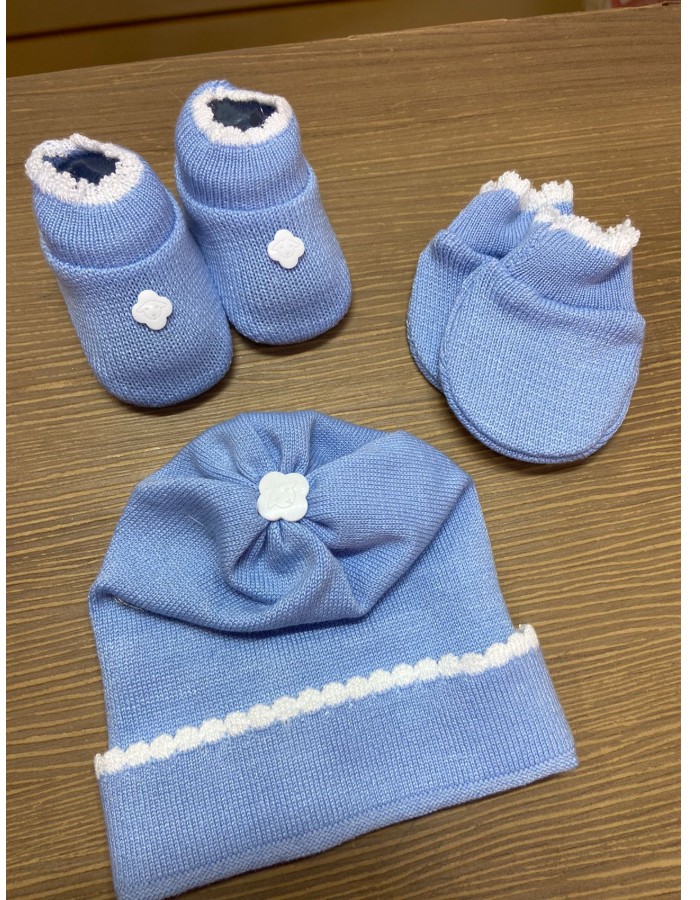 KIT TOUCA, LUVA E SAPATO BEBE TRICOT