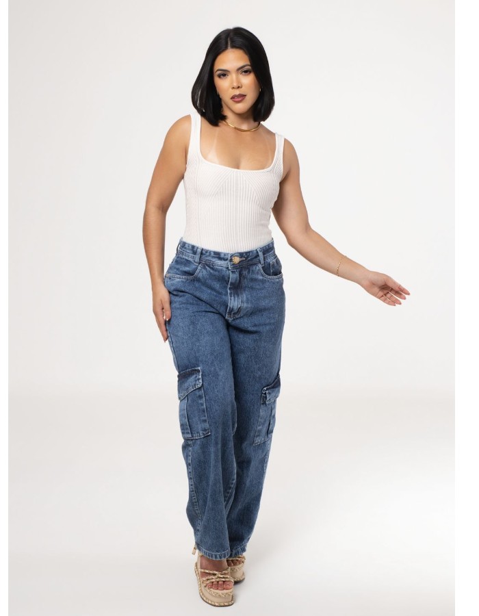CALÇA WIDE LEG CARGO FEMININA MARMORIZADO CLARO