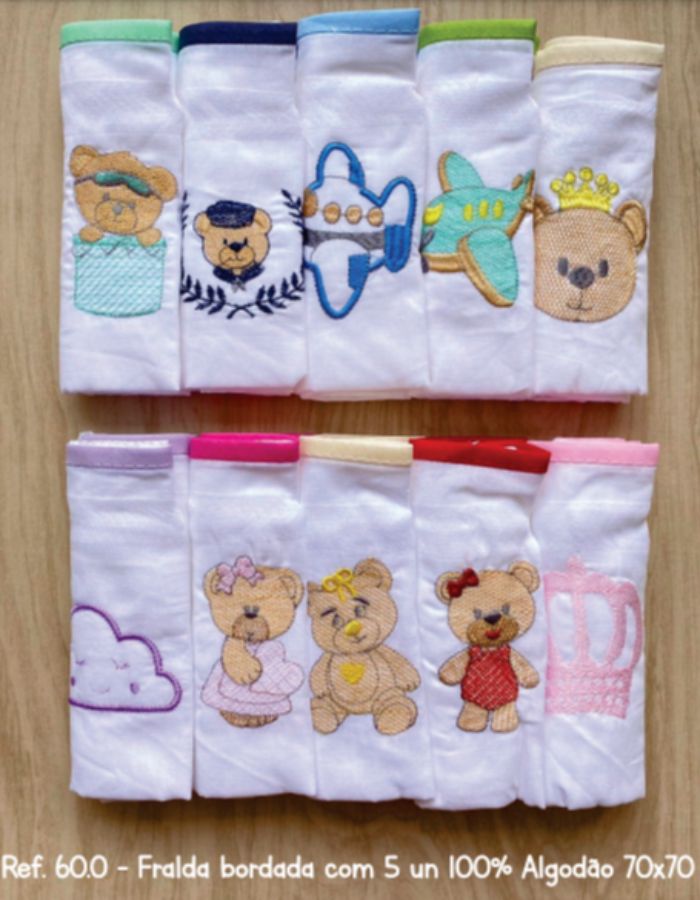 KIT FRALDAS BORDADA 60.0 05 UNIDADES 70X70CM PEDRINHO BABY