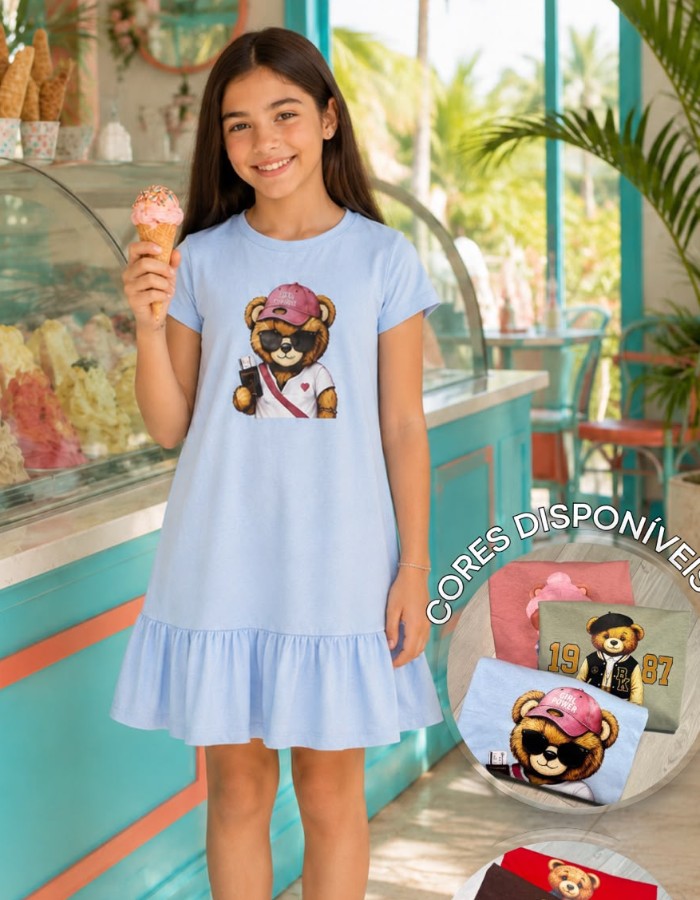 VESTIDO JUVENIL ESTAMPADO C/ BABADO ALGODÃO