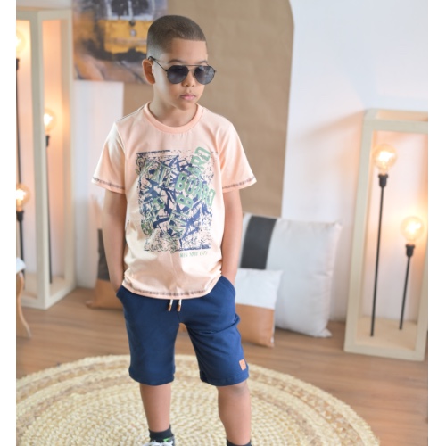 Conjunto :estampada laranja + bermuda marinho