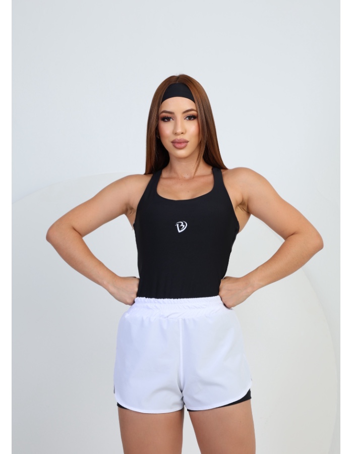 Conjunto cropped regata e short duplo com tactel