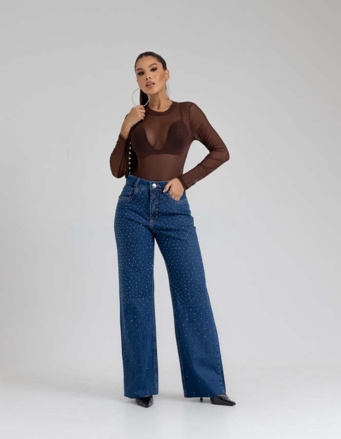 CALÇA FEM WIDE LEG 100% ALG. C/BRILHO