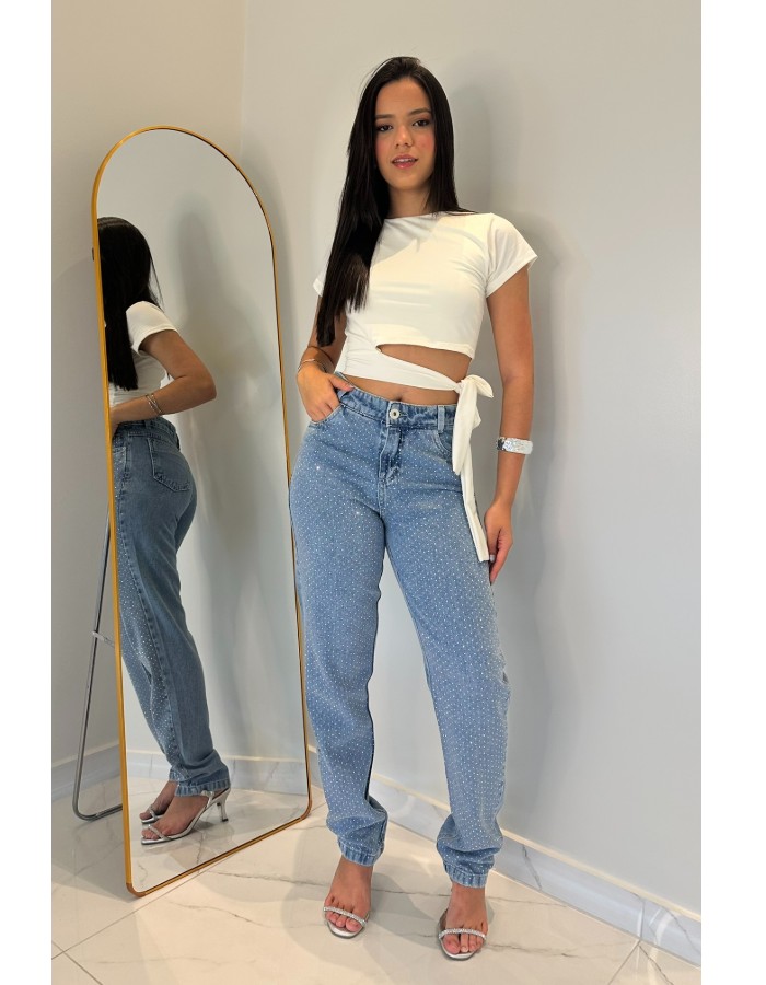 CALÇA MOM JEANS COM BRILHO