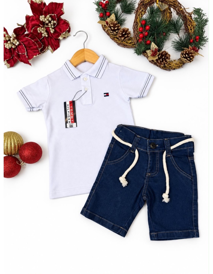 Conjunto camisa polo piquet e bermuda jeans TOMMY 