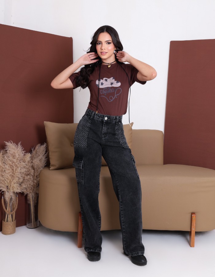 CALÇA BOLSO CARGO E BOLSOS FACA COM BRILHO