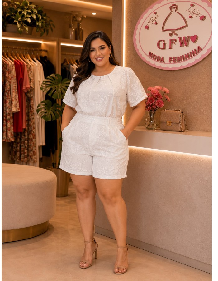 Conjunto Plus em Cambraia Bordada