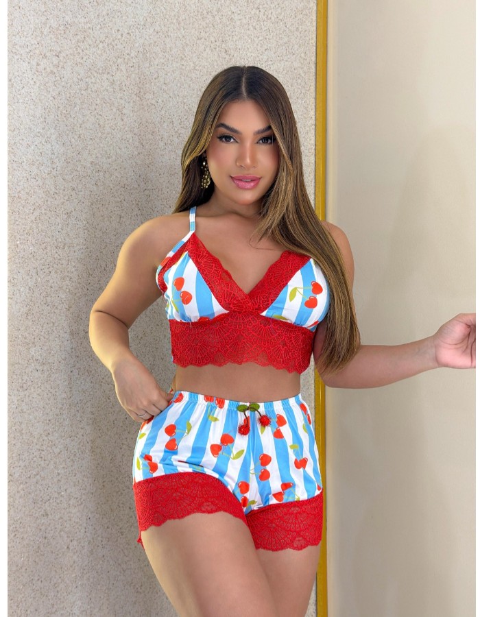 Baby dool renda cereja azul