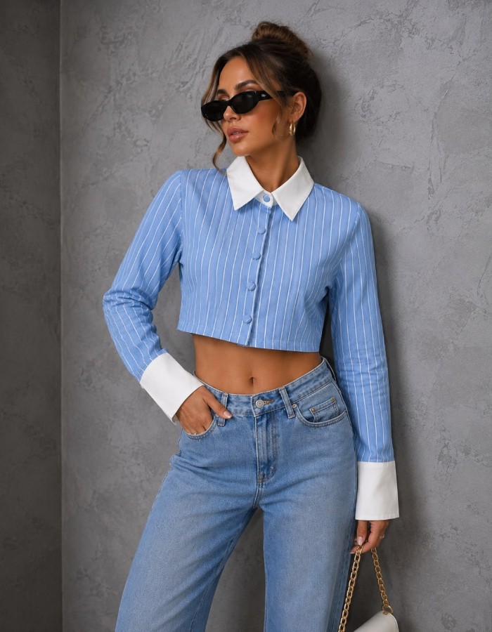 CROPPED MANGA LONGA LISTRADO