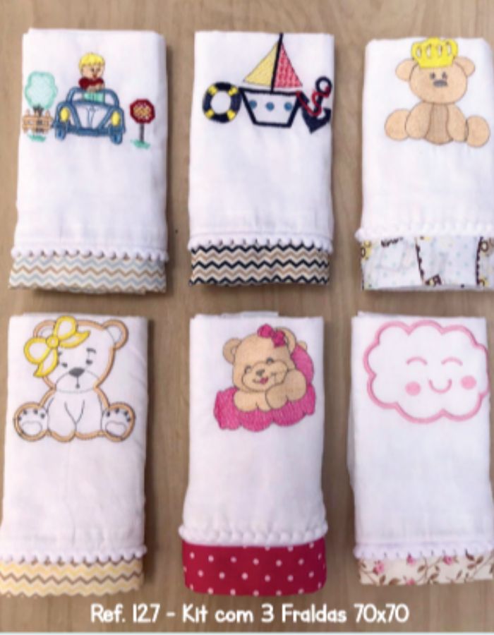 KIT FRALDAS BORDADA 03 PEÇAS 12.7 70X70CM PEDRINHO BABY