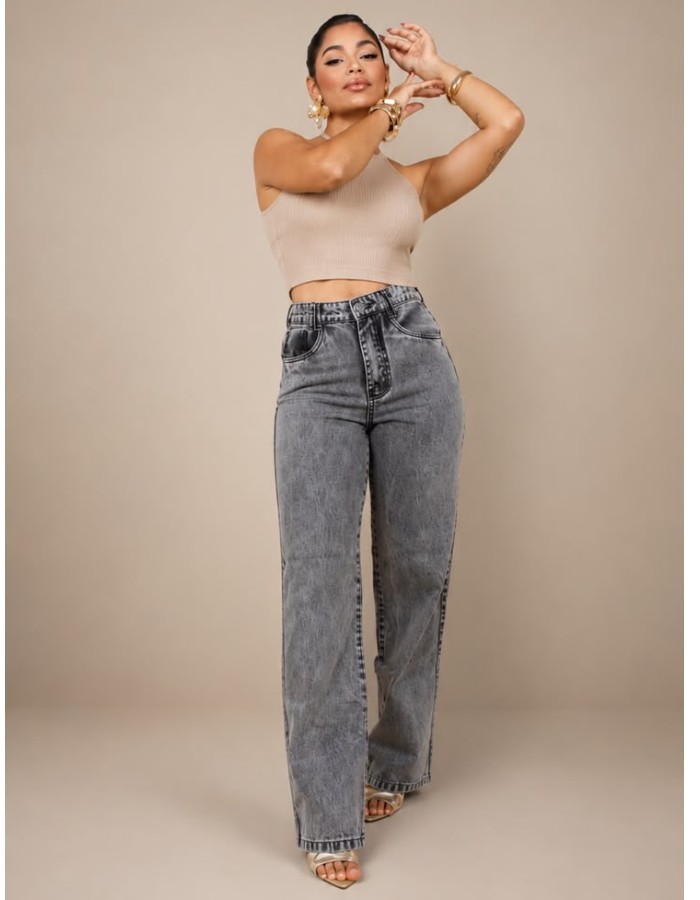 Calça wide leg preta marmorizada