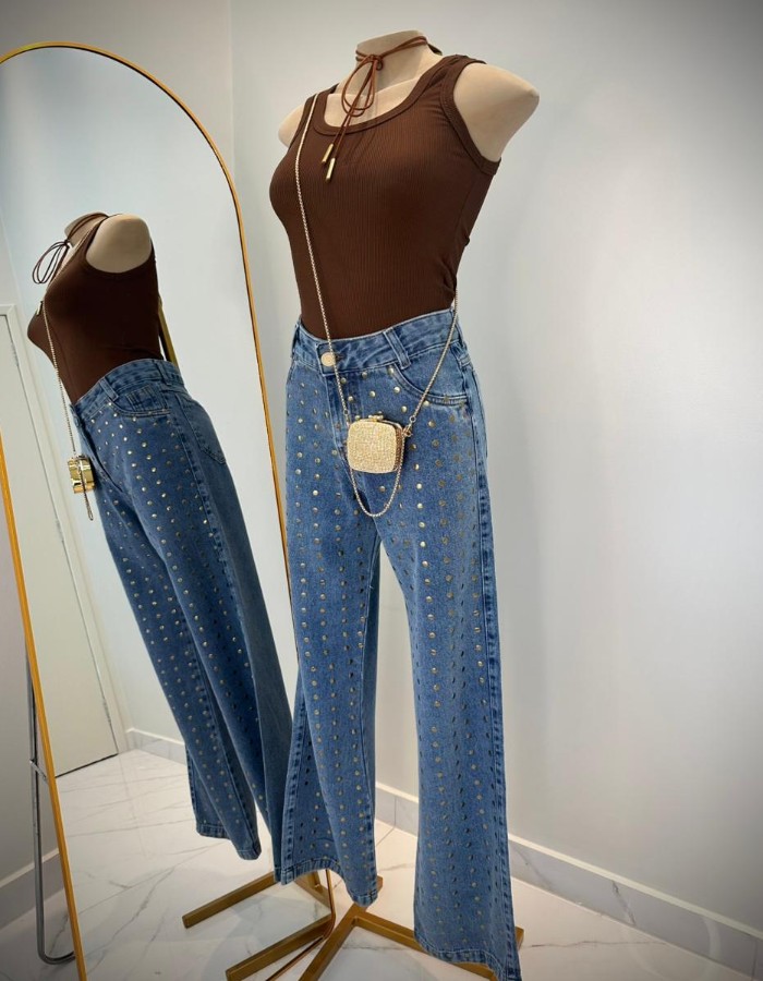 CALÇA COM BRILHO DE TAXA DOURADO FOSCO