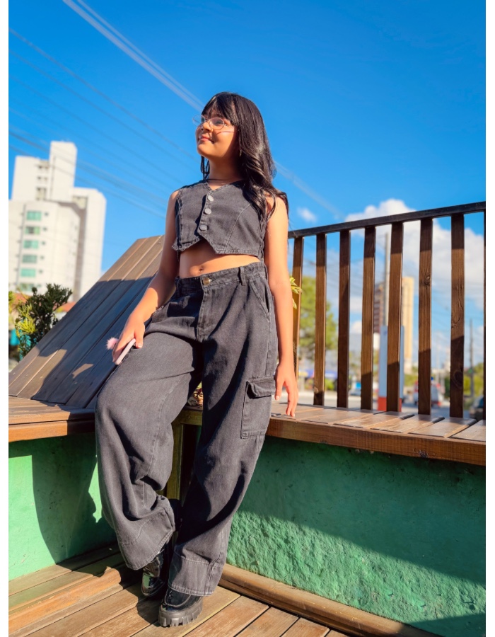 CONJUNTO CALÇA JEANS 100%ALG PRETO MARMORIZADO 