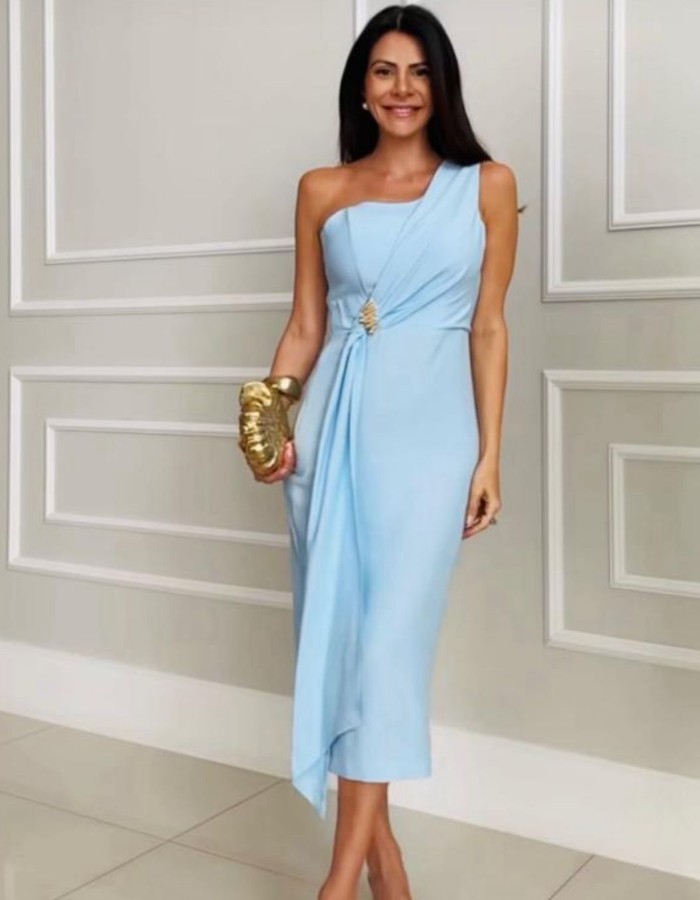 VESTIDO MIDI DETALHE DOURADO CINTURA