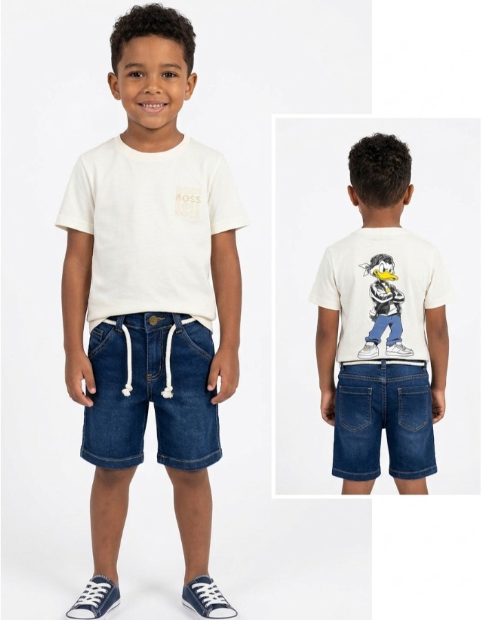 CONJUNTO BOSS COM CAMISETA ESTAMPA NA FRENTE E COSTA  + SHORT JEANS
