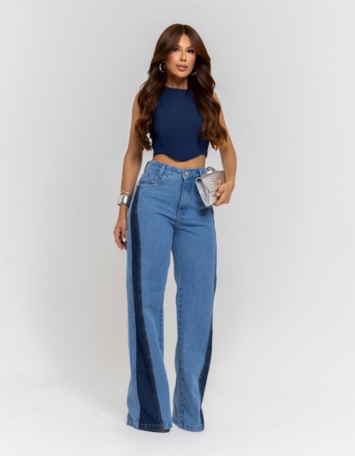 CALÇA WIDE LEG BICOLOR JEANS PREMIUM