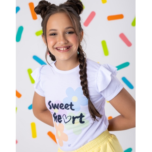 T-shirt Babado na Manga com Estampas