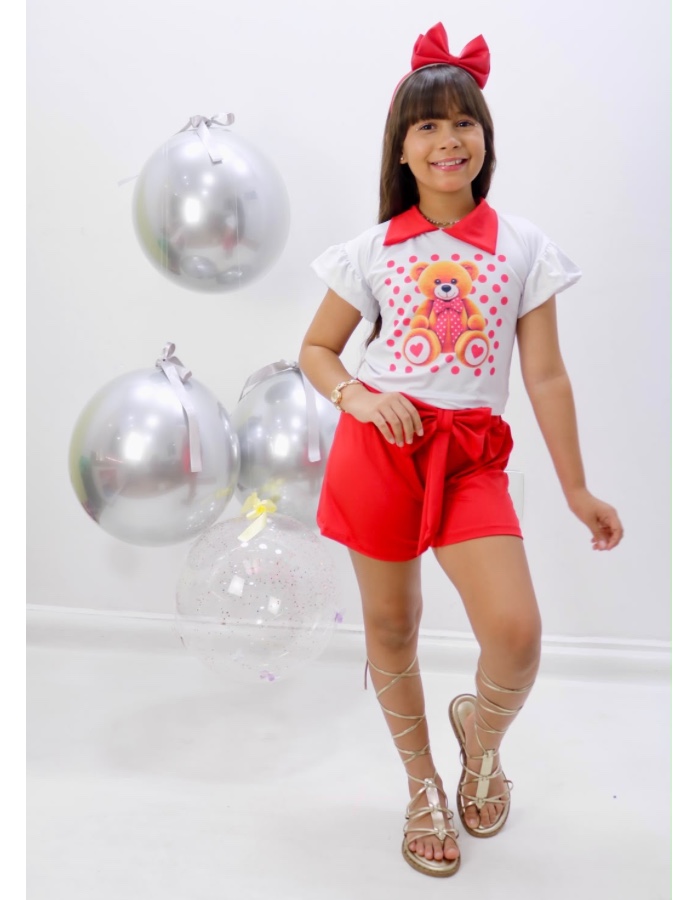 Conjunto vermelho ursinho laço 