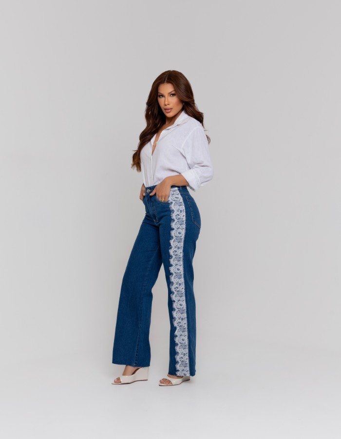 CALÇA FEM WIDE LEG 100% ALG. C/RENDA