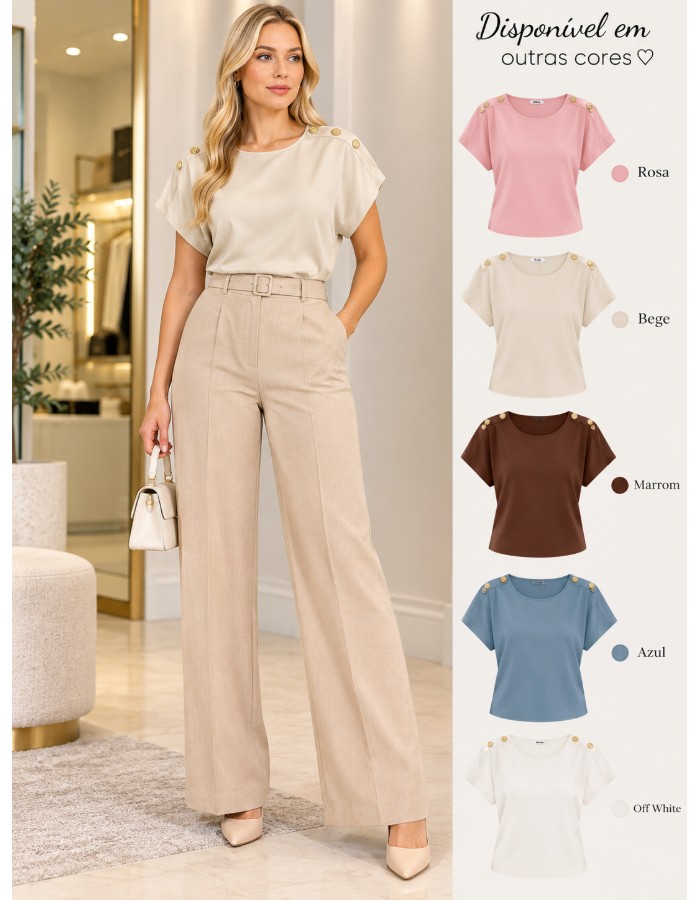BLUSA DE CETIM C/ DETALHE DE BOTÃO NO OMBRO 