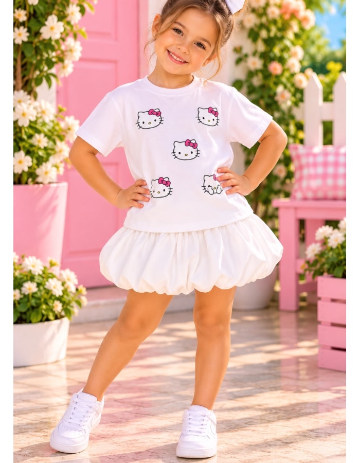Conjunto saia balone estampa hello 