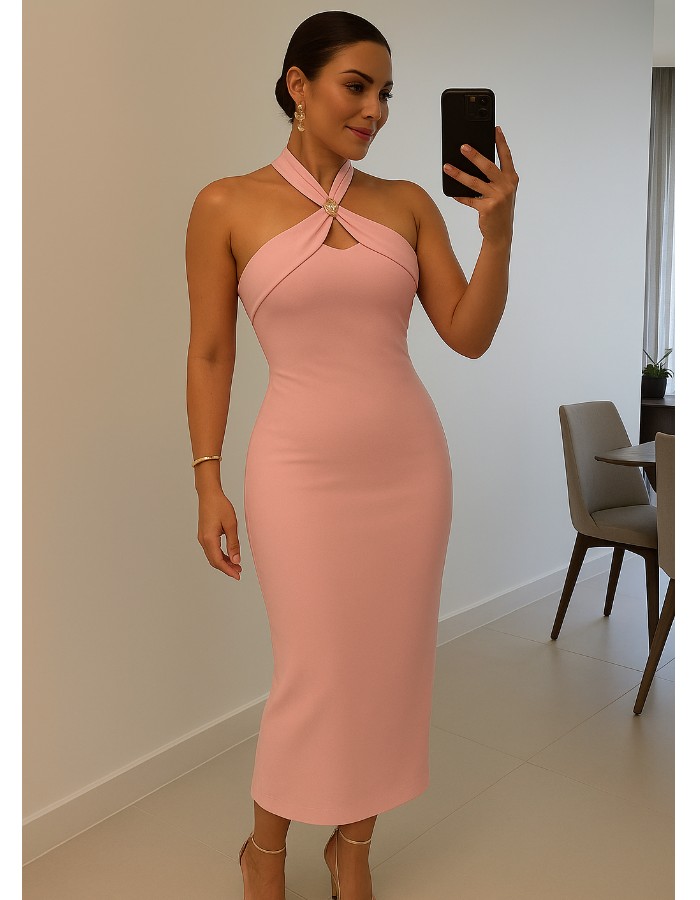 VESTIDO MIDI ALFAIATARIA C/ FIVELA NO PESCOÇO
