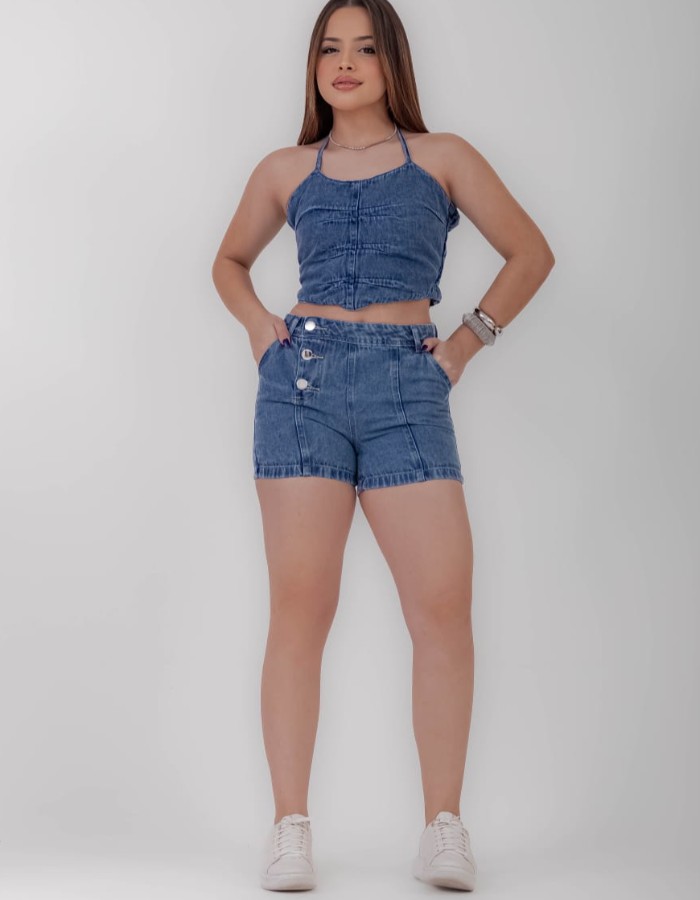 Conjunto  croped / chorte botões Marmorizado 