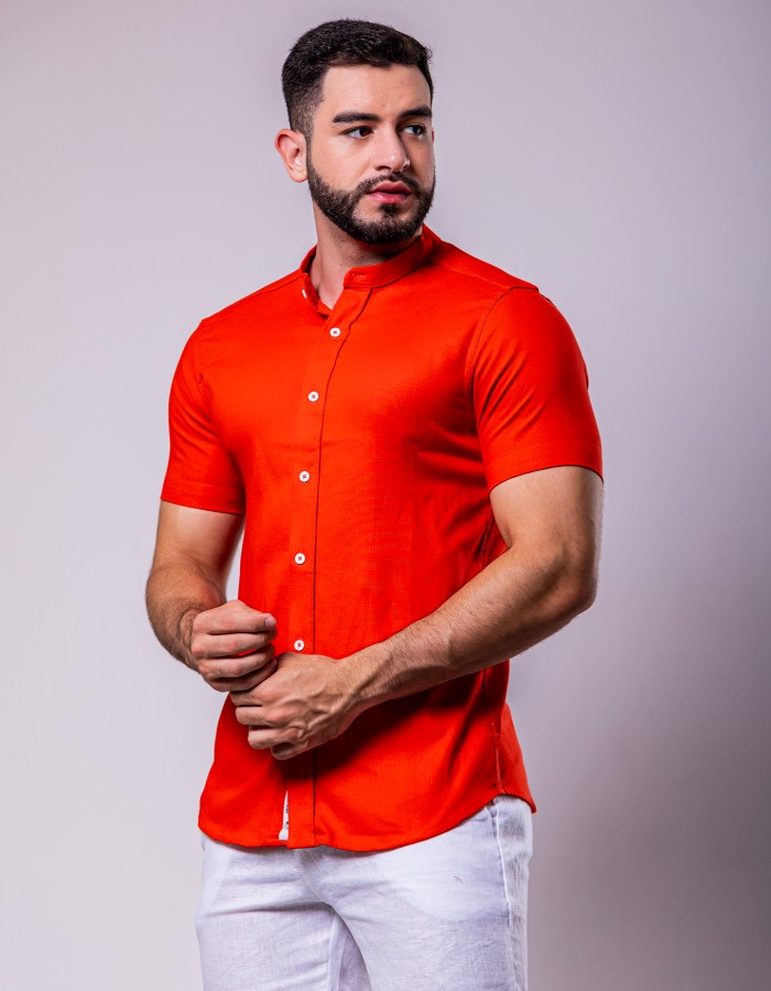 Camisa Linho Premium Manga Curta Coral 