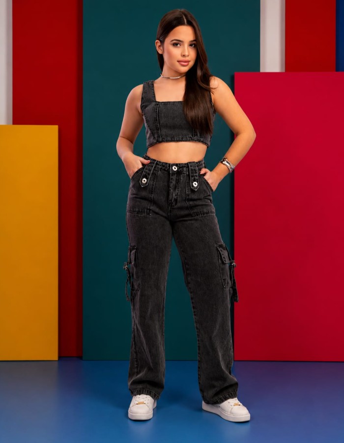 Calça Cargo Black Botão Cinto